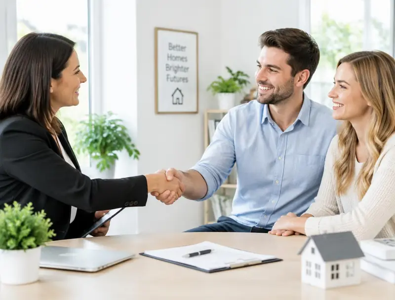 Real estate agent shaking hands with a couple